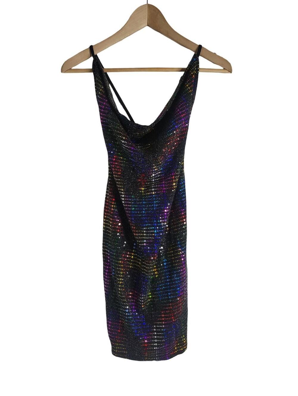 Papaya Multicolored Rainbow Sequin Mini Dress Draped Cowl Neckline Festival Sz M